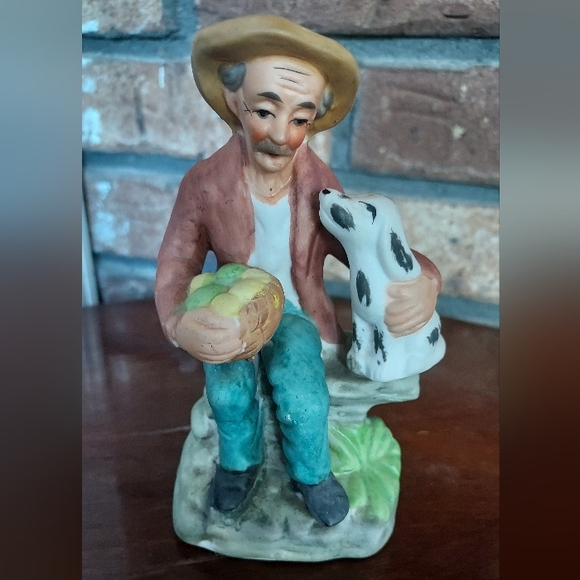Vintage Old Man With Basket And Dalmatian Dog Bisque Porcelain Figurine - Picture 1 of 10